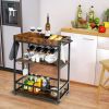 Modern Industrial Metal Wood Rolling Kitchen Wine Rack Bar Serving Cart