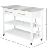 White Rolling Kitchen Island 2 Drawers Storage with Stainless Steel Top